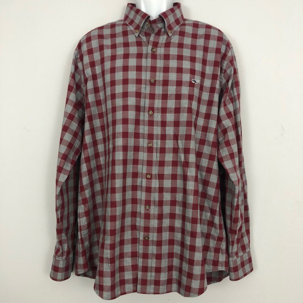 Vineyard Vines Slim Fit Whale Shirt Mens XL Red Gray Buffalo Check Plaid Preppy